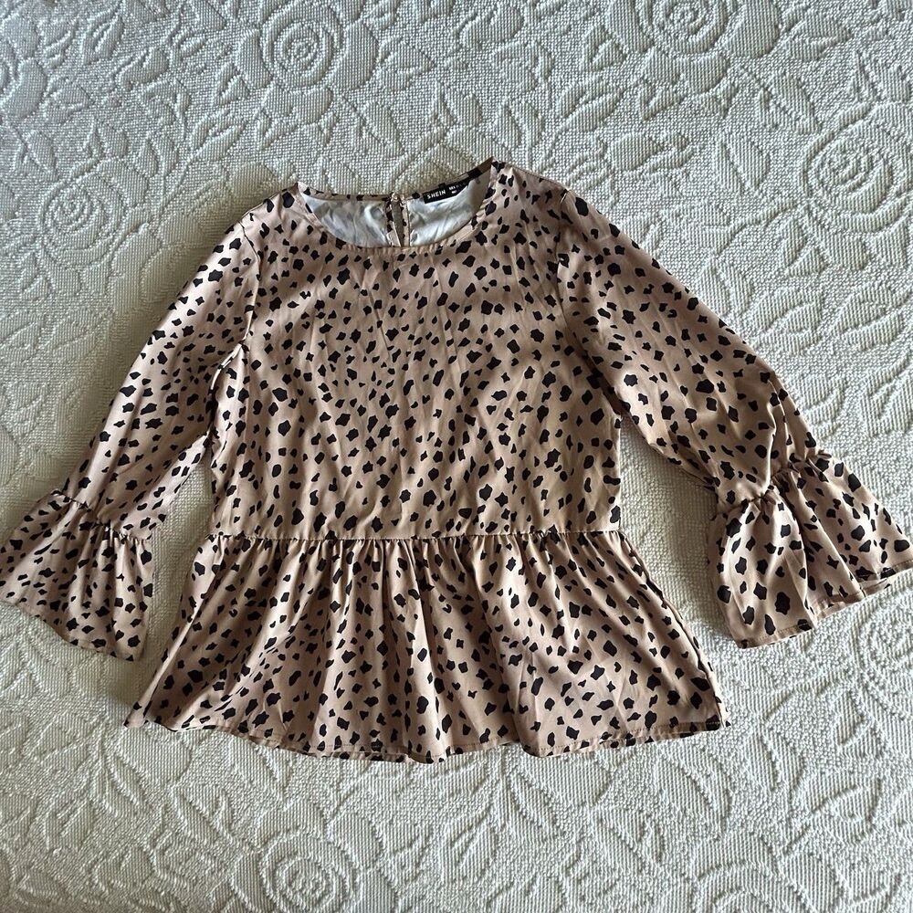 SHEIN Animal Print Ruffle Sleeve Tunic Blouse Size S (4) Beige Black Boho